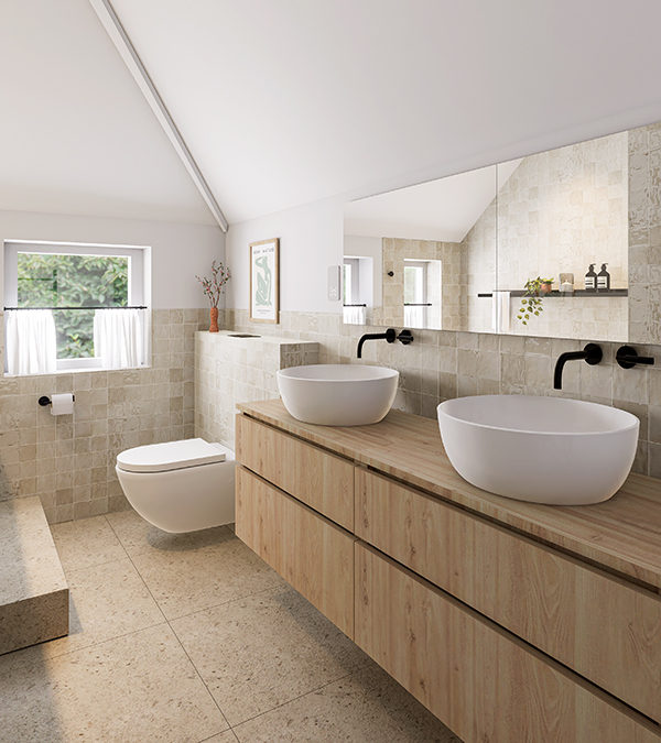 A contemporary bathroom with a double sink, sleek cabinetry, and storage, natural light creates a bright space.