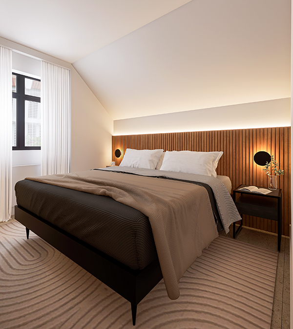 A relaxing bedroom with cosy lighting, soothing colours, natural materials and wood panelling to create a calming atmosphere.