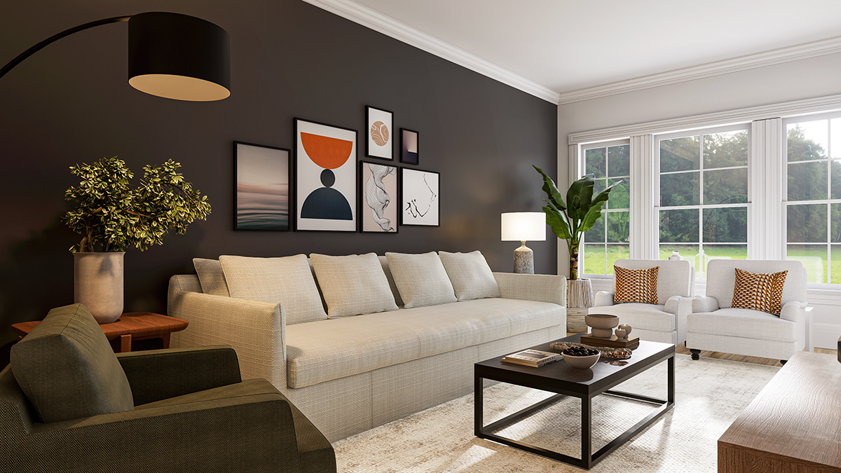 A living room with a dark-painted feature wall contrasting with a light, textured sofa, large comfortable armchairs under tall windows, and smart lighting choices, creating a warm and inviting atmosphere.