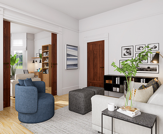 A guest bedroom integrated with an office through an open double sliding door, featuring a convertible seating area. Dark neutrals paired with muted blues create a harmonious palette, offering a versatile space for both work and relaxation.